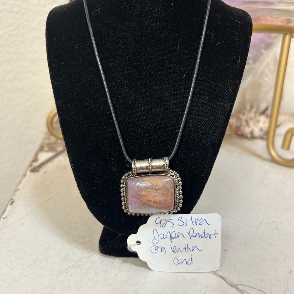Jasper pendant in 925 silver setting with leather cord